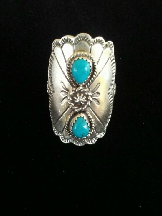 Jewelry - BEAUTIFUL OLD PAWN RUNNING BEAR NATIVE AMERICAN 925 TURQUOISE SHIELD RING SIZE 9